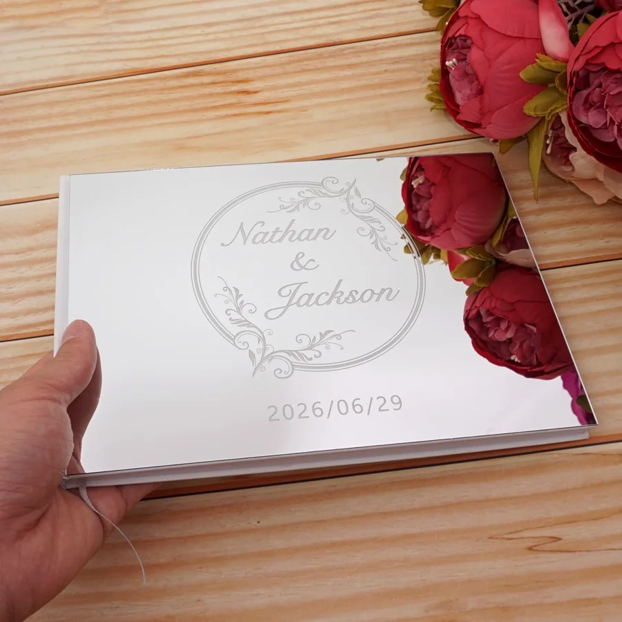 Wedding Guest Book Acrylic Mirror Cover Personalized Engraved Newlyweds Name&Date Wedding Signature Reception Book 25x18cm