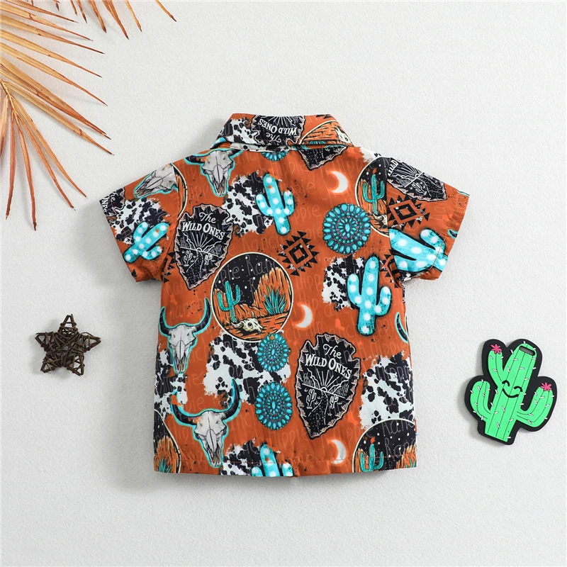 Children Shirts Baby Boys Button Up T-shirt Casual Cow's Head Print Lapel Short Sleeve Tops Toddler Summer Clothes Shirt