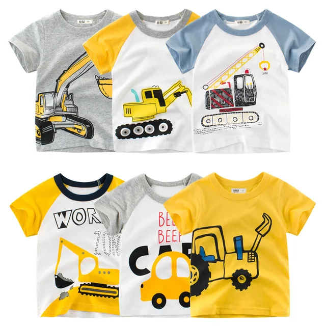 Летняя футболка для маленьких мальчиков с мультипликационным принтом, футболки для маленьких мальчиков с экскаватором, детская одежда с короткими рукавами, хлопковые топы для малышей, От 2 до 10 лет 1