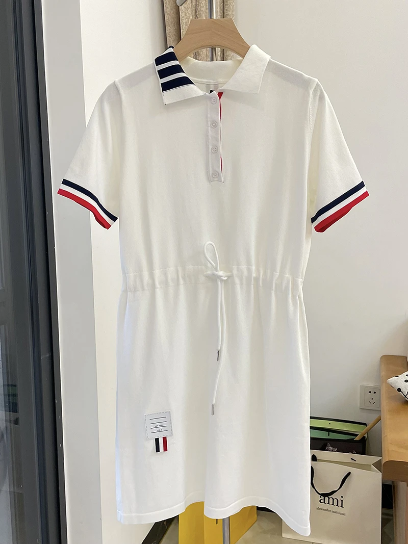 TB four-bar knitted dress ice silk lapel short-sleeved skirt high-quality mid-length skirt summer POLO collar summer