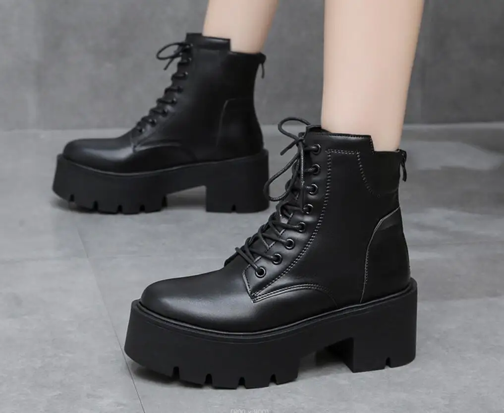 Women's Ankle Boots Lace Up Square Toe Ladies Boots Thick Bottom Non-slip High Heels Female Shoes Winter Footwear Boots Large