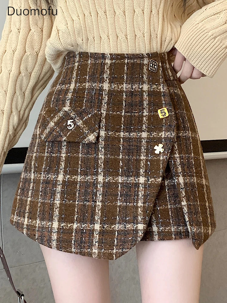 

Duomofu Women's Asymmetrical Wrap Skirts High Waisted Slit Hem Skort Shorts Plaid Tweed Shorts Skirts Girls Korean Fashion Skort