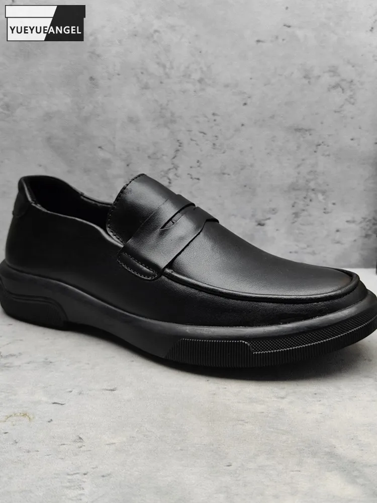 

Mens Cow Leather Slip On Loafers Casual Comfortable Driving Shoes Round Toe Soft Platform Work Shoes Male Breathable Moccasin