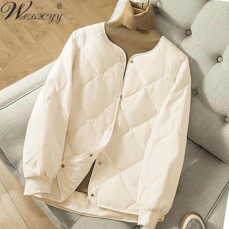 Fall Winter Down Parkas Women Solid Color Round Neck Short Jacket Ultra Light Plaid Long Sleeve Puffer Coat Korean Loose Outwear