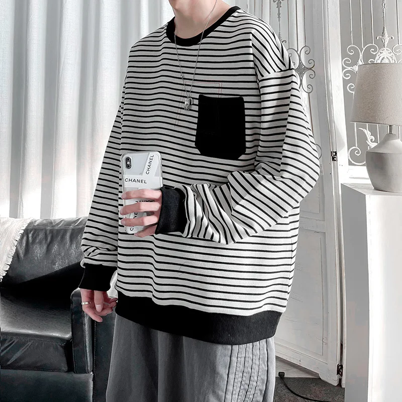 Fashion O-Neck Spliced Korean Striped Sweatshirts Men's Clothing 2024 Spring Summer New Loose Casual Tops All-match Sweatshirts