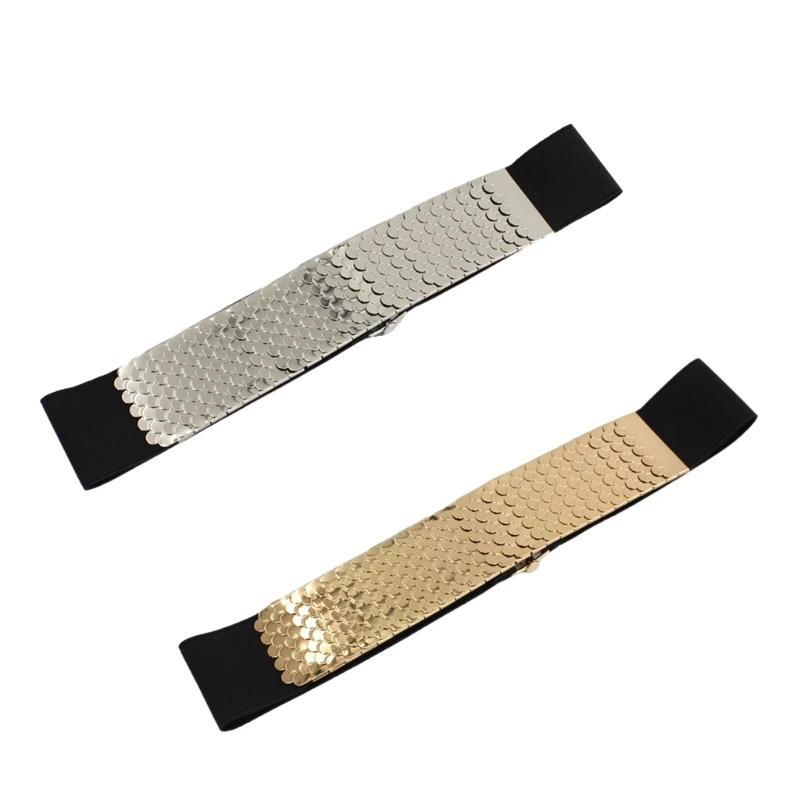 

50JB Wear Resistant Ladies Wide Belt Women Coat Stretch Belt with Fish Scale Texture