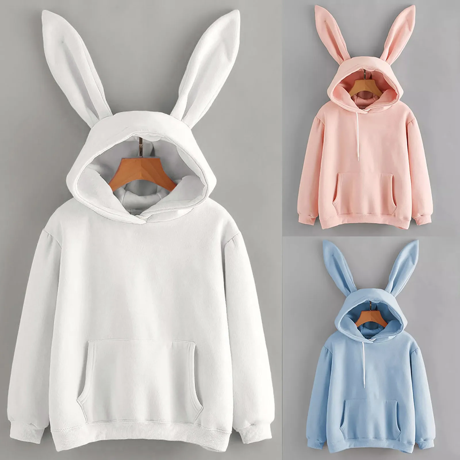 

2023 Autumn Winter Women Hoodies Kawaii Rabbit Ears Fashion Hoody Casual colors Solid Color Warm Sweatshirt Hoodies For Women