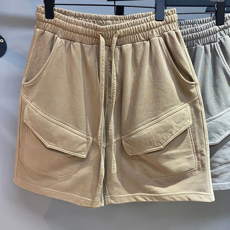 Summer Shorts Streetwear Vintage Men Casual Loose Pockets Stitching Shorts Men's Lace-up Mid Waist Solid Color Straight Shorts nike shorts