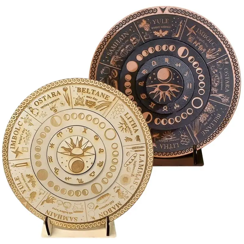 

Wheel Of The Year Calendar Wooden Sign Witch Runes Dowsing Board Meditation Yoga Wooden Carving Plate Holidays Home Decoration