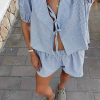 Maemukilabe Y2K Vintage Plaid Outfit Loose V Neck Puff Sleeve Front Tie-Up Blouse Top + Shorts Women 2 Piece Lounge Matching Set - Image 3
