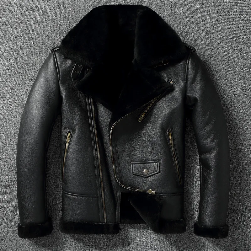 

2024 Thick Wool Warm Coat Diagonal Zip Fur Collar Men's Leather Jacket Black Aviator Winter Coat European Size