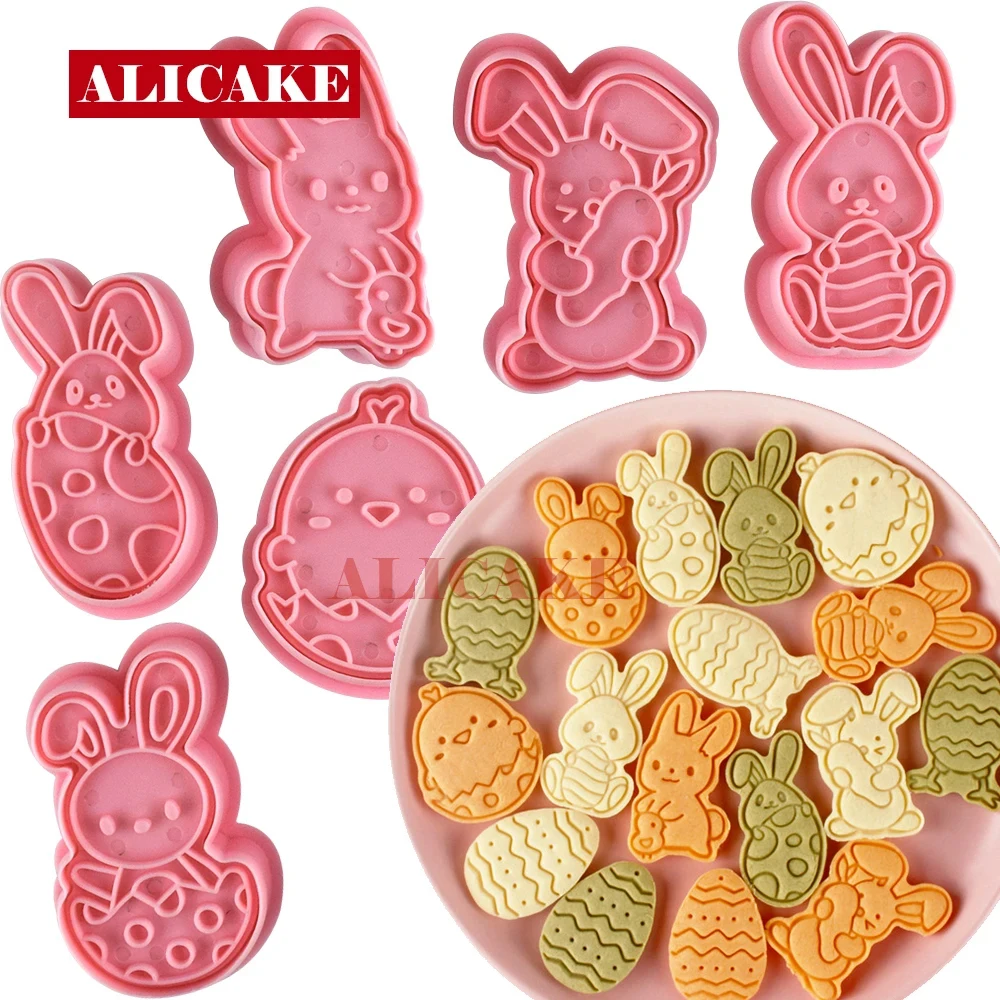 Cookies Cutters Bunny Rabbit Egg Dough Stamp Plastic 3D Cartoon Pressable Biscuit Mold Easter Kitchen Baking Pastry Bakeware cookie cutters