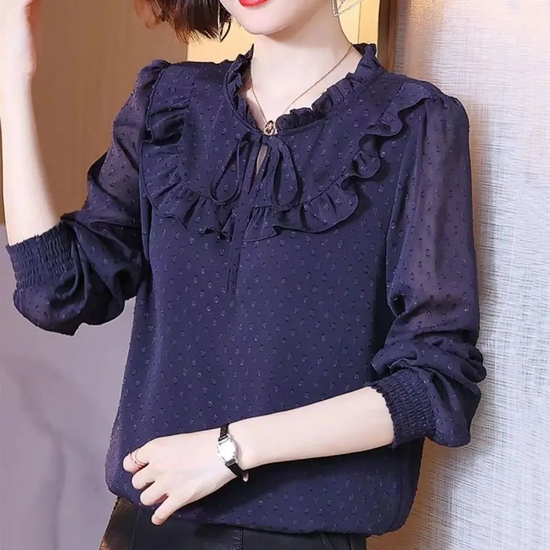 

Elegant Solid Color Spliced Shirring Lace Up Ruffles Blouse Women's Clothing 2023 Spring New Casual Pullovers Office Lady Shirt