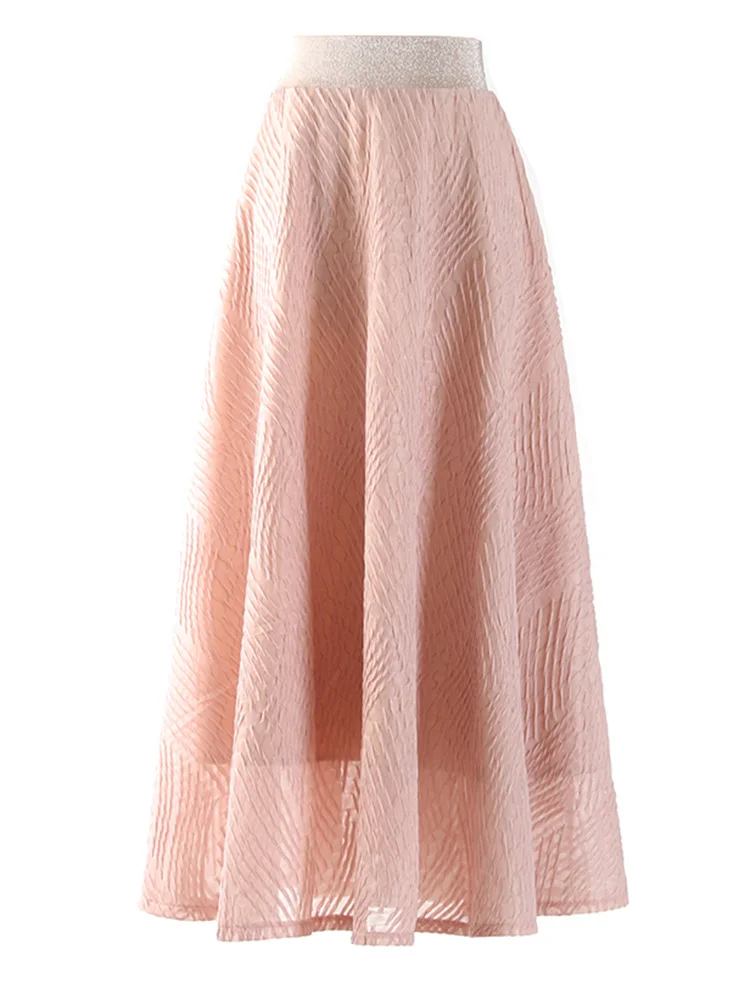 

High Elastic Waist pink Color Mesh Long A-line Elegant Half-body Skirt Women Fashion Tide New Spring Autumn 2022 M780
