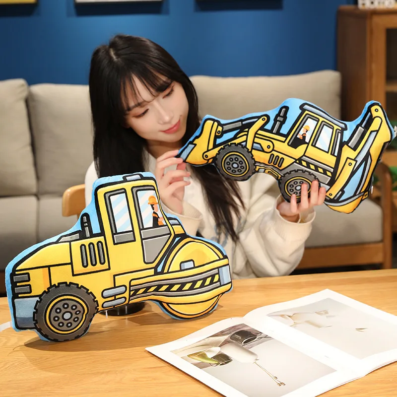 Stuffed Transporter Plush Pillow Soft Printing Multi-functional Bulldozer Forklift Crane Excavator Road Roller Tramcar Men Gift