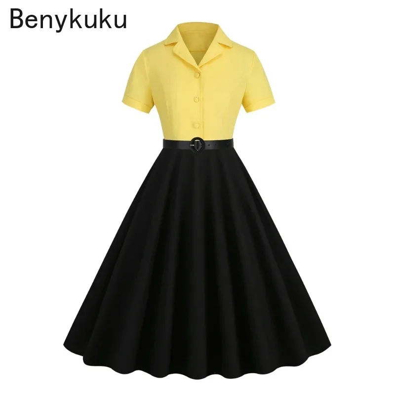 

Yellow Black Two Tone 50s Rockabilly Cotton Dress Woman Clothes 2024 Summer Women Notched Collar Button Up Belted Formal Dresses