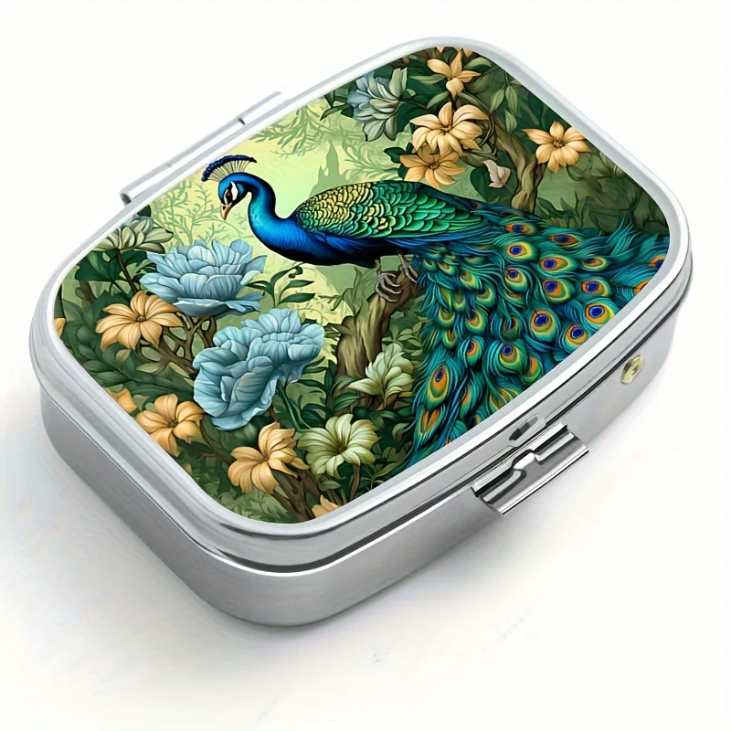 Tropical Style 2-Grid Peacock Pattern Pill Box Stylish Portable Pill Box Perfect for Pocket or Purse Durable Vitamin Storage Box