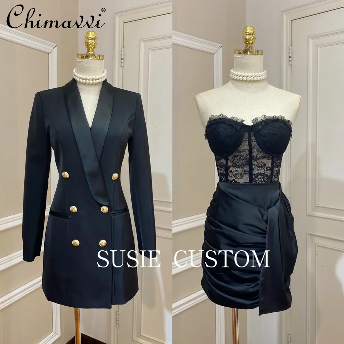 Commuter's All-Matching Satin Collar Mid-Length Coat Suit Women's Tube Top Bottomming Lace Top +  Fashion Pleated Skirt Female