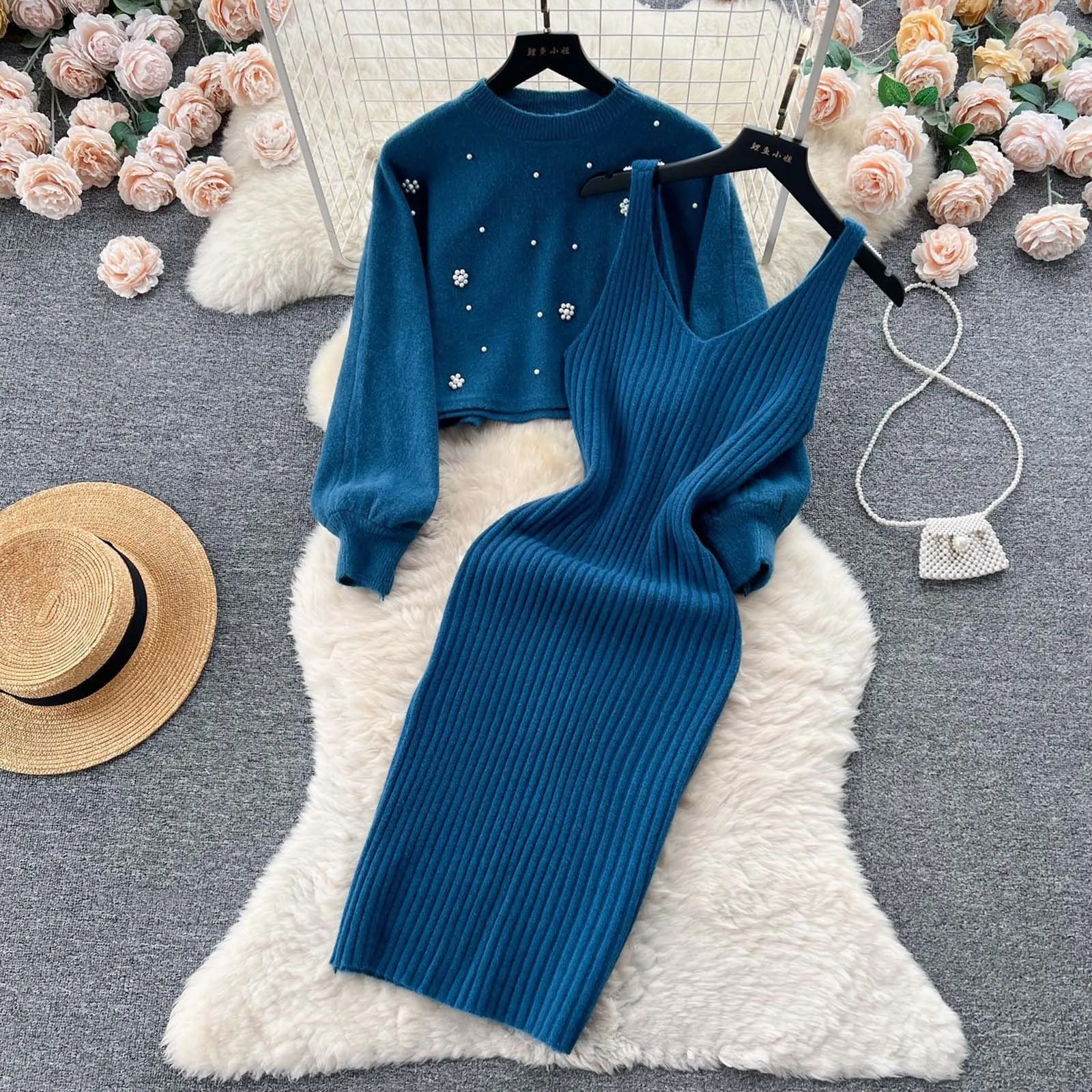 

Two Piece Set Round Neck Knitted Dress Pullover Top And Dress Korean Style Fashion Knitted Vest Dress Office High Street Outfits