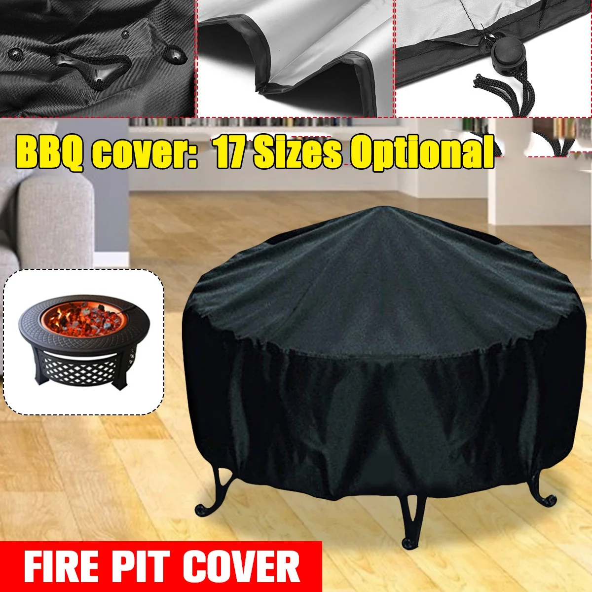 Waterproof Patio Fire Pit Cover Black UV Protector Grill BBQ Shelter Outdoor Garden Yard Round BBQ Cover Canopy Furniture Covers