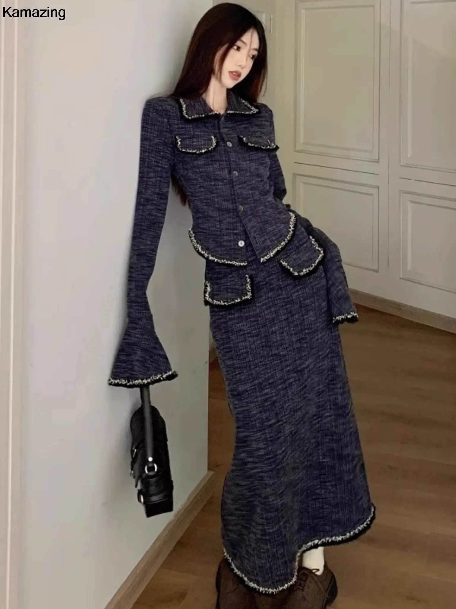 

France Vintage High Waist Skirt 2 Piece Suit Women Flare Sleeve Button Jackets Set Autumn Winter Korean Fashion Party Clothes