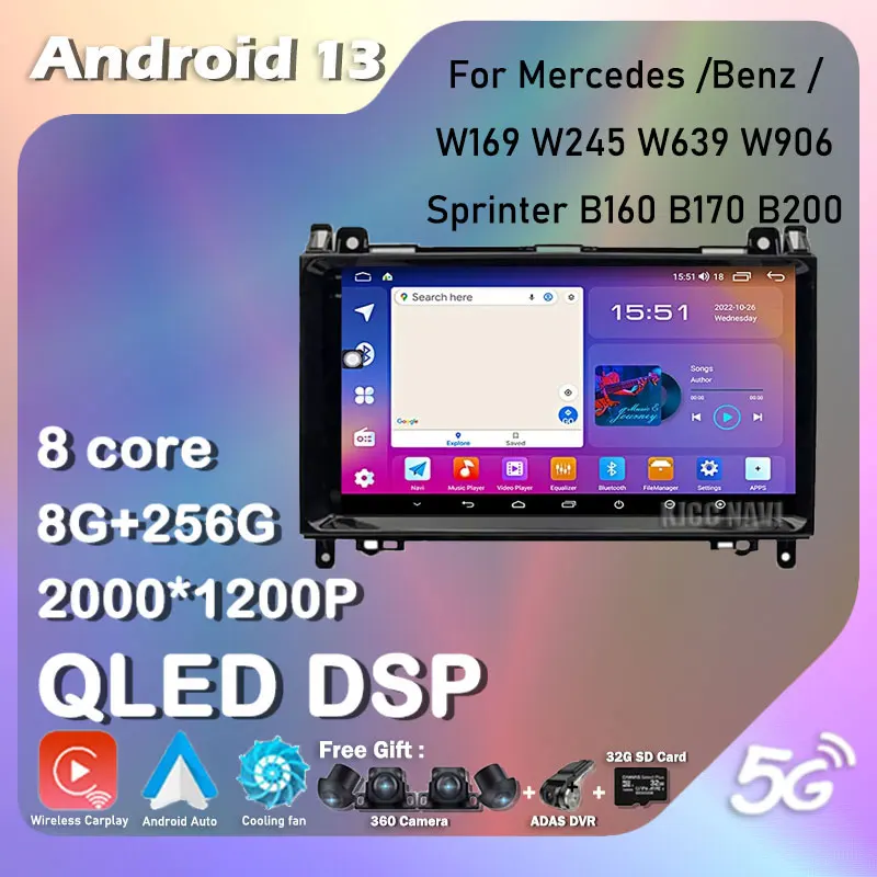 

9 Inch For Mercedes /Benz / W169 W245 W639 W906 Sprinter B160 B170 B200 Android 13 Car Radio Multimedia Player DSP Auto Carplay