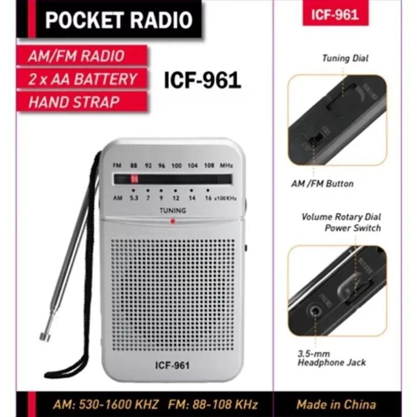 ICF-961 Mini Radio FM- AM FM Battery Operated Portable Radio Best Reception Longest Lasting For Running Walking Home Soundbox