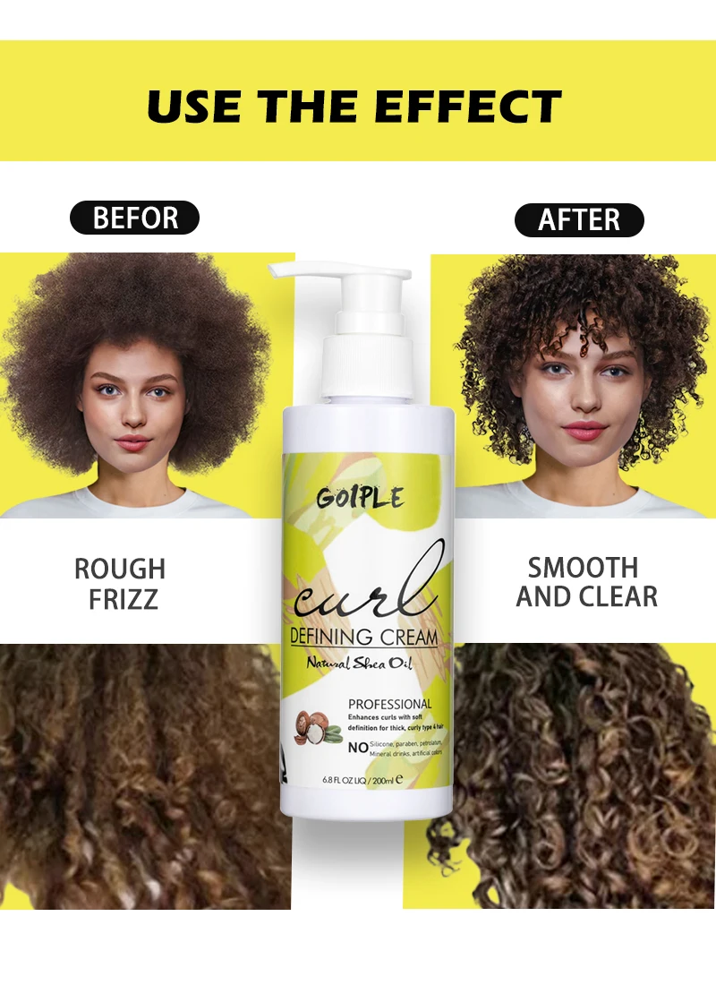 GOIPLE 6.8fl.Oz Natural Shea Oil Curl Defining Cream Tames Frizz Flyaways Enhances Curls Protects Hold Long Lasting Styling