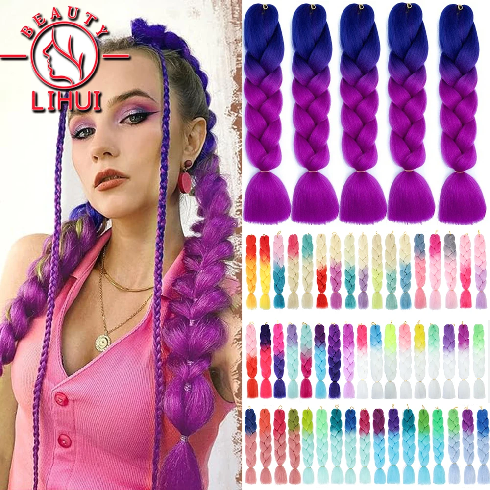LIHUI 5Pcs 24Inch Braiding Hair Extensions Wholesale Jumbo Braids Synthetic Hair For Braids Ombre RED Blue