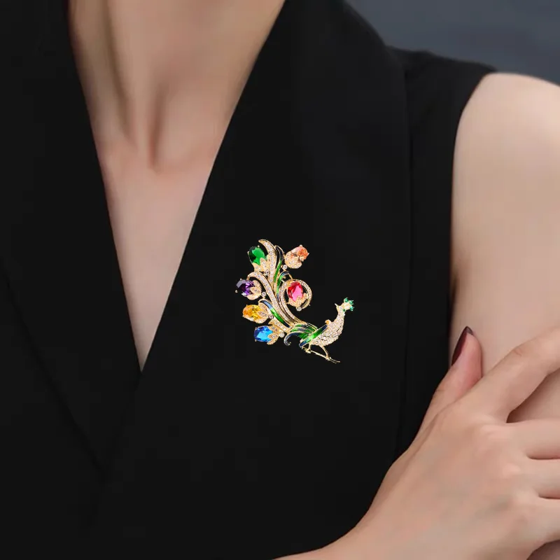 OKILY Delicate Colorful Zircon Peacock Brooches Elegant Enamel Animal Bird Pin and Brooch for Woman Accessories Trendy Jewelry