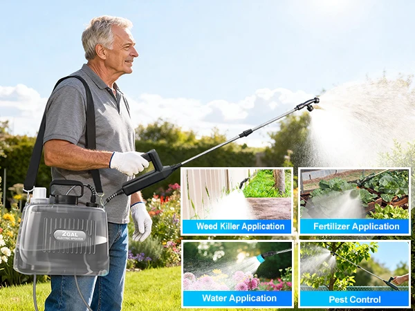 2 Gallon Battery Powered Sprayer, Electric Garden Sprayer with 3 Adjustable Pressure Levels, 4 Nozzles & Extendable Wand