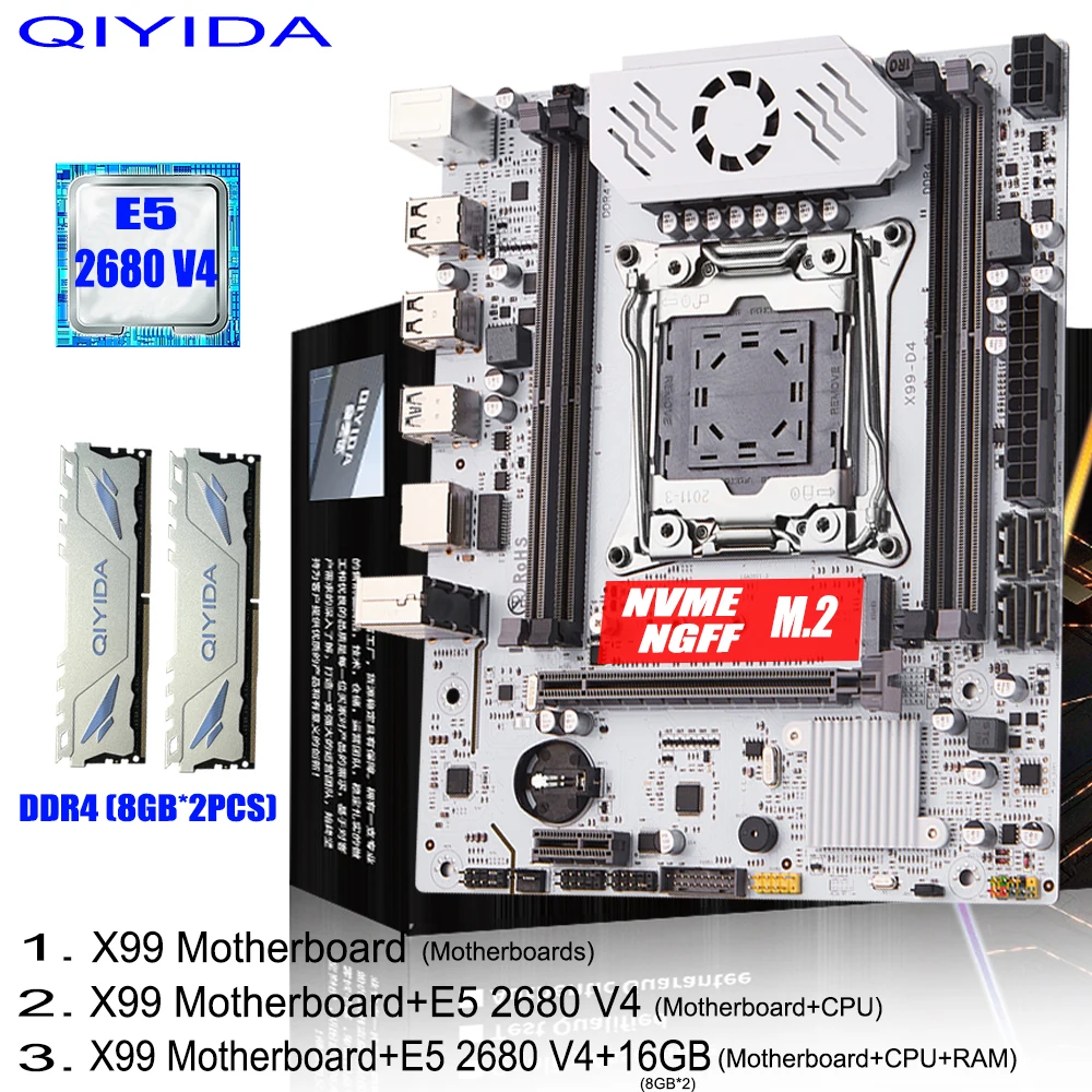 QIYIDA X99 Motherboard set LGA 2011-3 Xeon E5 2680 V4 CPU DDR4 8GBx2PCS=16GB NVME NGFF M.2 SATA3.0 USB3.0 X99 C612chip