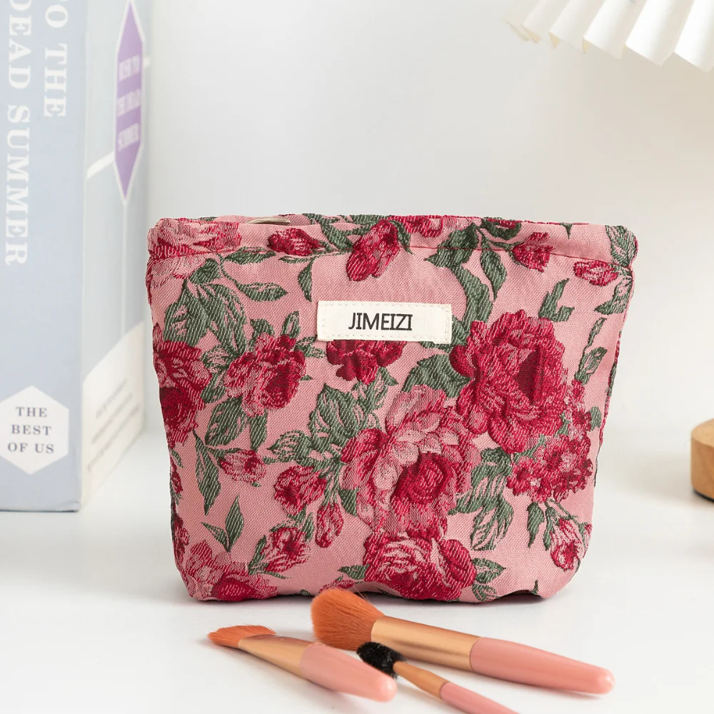 1pc Vintage Red Rose Makeup Bag Rose Pattern Makeup Bag Makeup Storage Bag Cute Daily Washing Bag Travel Organizer