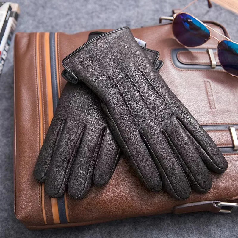 Warm Gloves Leather Gloves Men's Sheepskin Deer Skin Pattern Plush Lining
