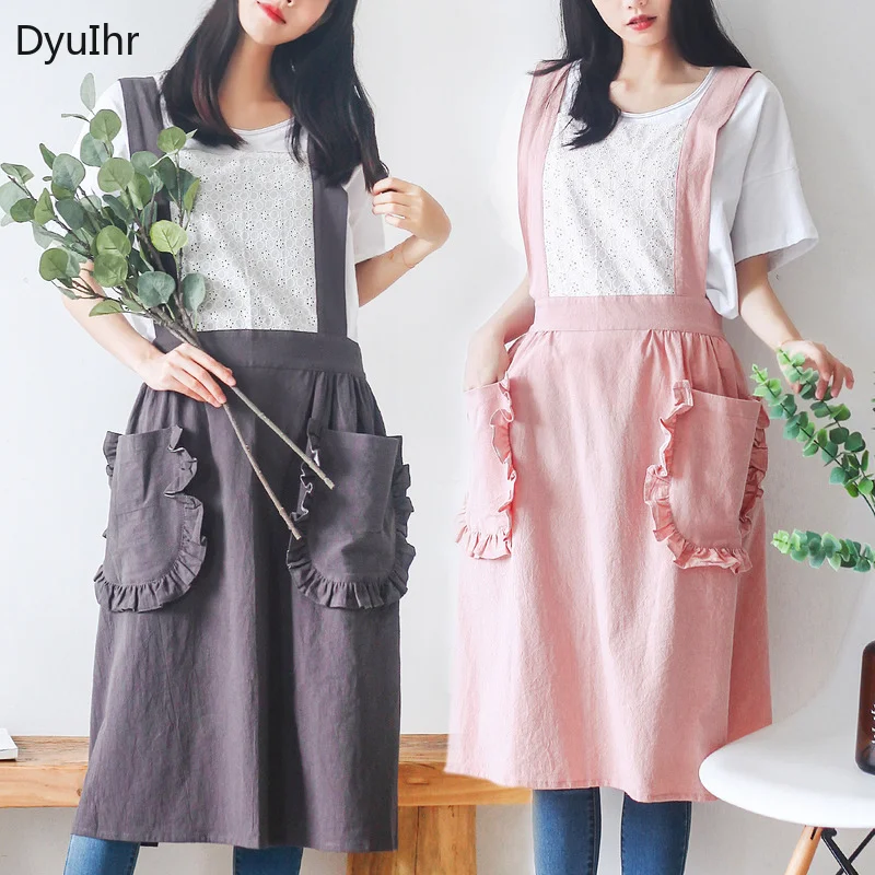 

Простой Простроченный фартук DyuIhr из хлопка и льна, большой карман без рукавов, дизайн с оборками, защита от загрязнений, кухонный маслостойкий фартук для выпечки
