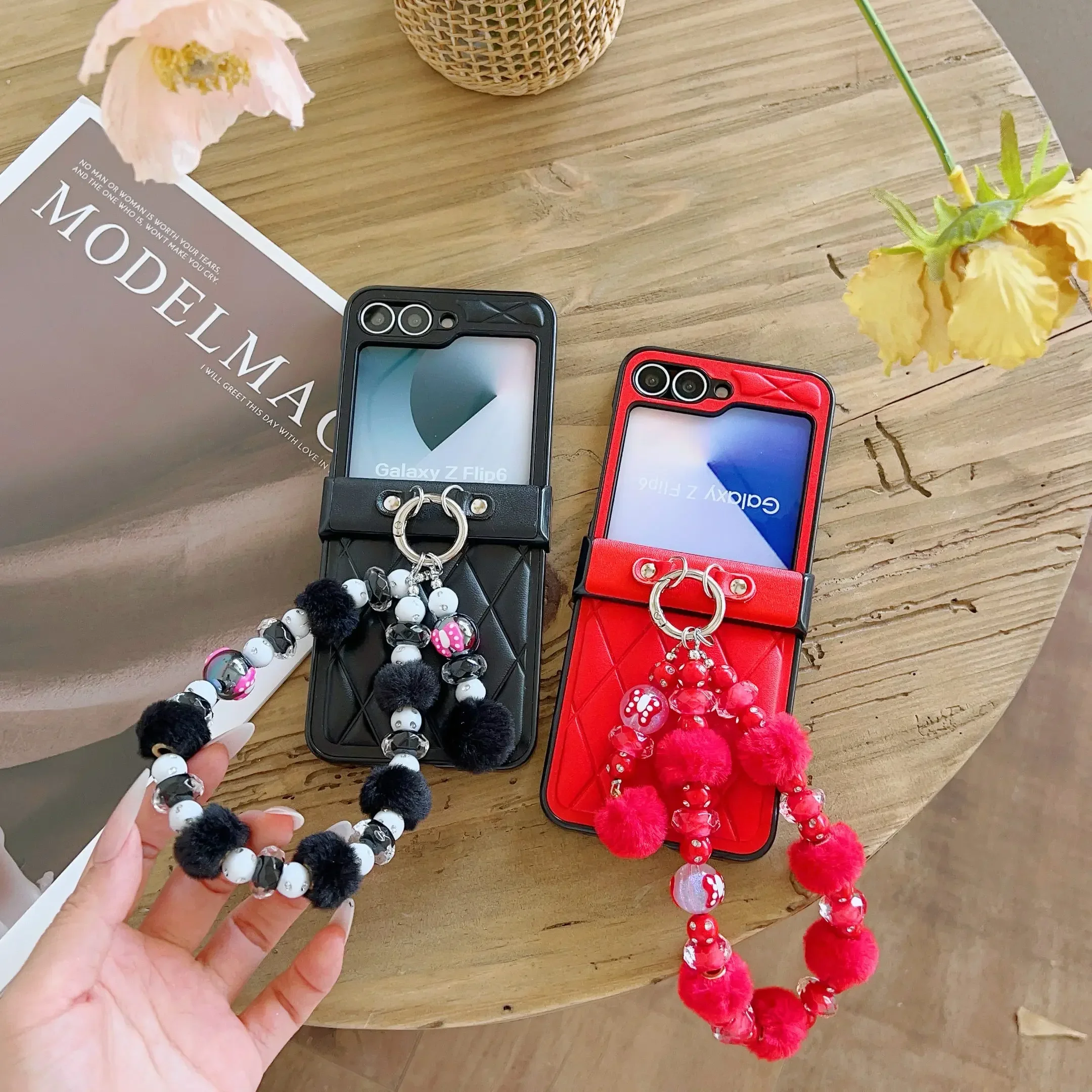 Cute Bobbles Glitter Bead PU Leather Wrist Strap Phone Case with Hinge Protection and Shockproof Cover