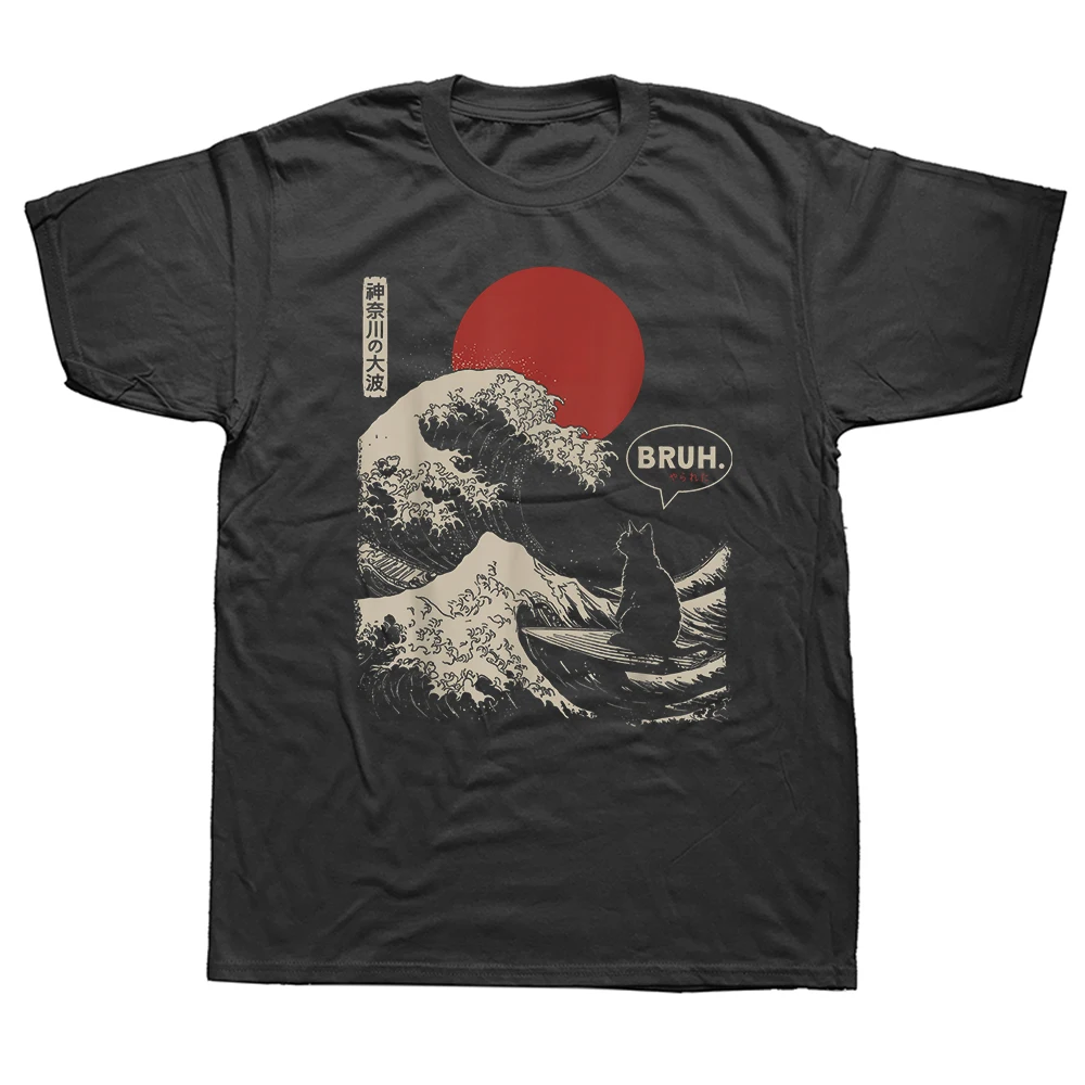 Bruh Die Große Welle von Kanagawa Lustiges Japanisches Surfer-Katzen-T-Shirt Kurzarm Streetwear T-Shirt Locker Sitzende Kleidung für Männer und Frauen