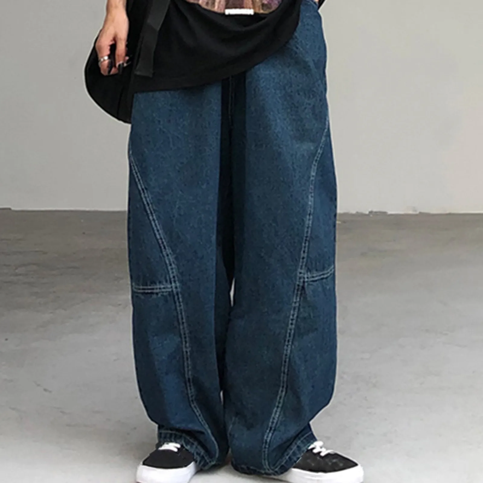 

Women's Vintage Casual Oversize Denim Pants Fashion Draped Straight Leg Jeans Loose Solid Colours Wide Leg Lantern Trouser