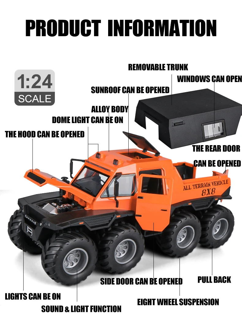 1:24 Scale 8X8 Diecast Avtoros Shaman Alloy Armored Model Car Diecast Toy Sound And Light Swat Car