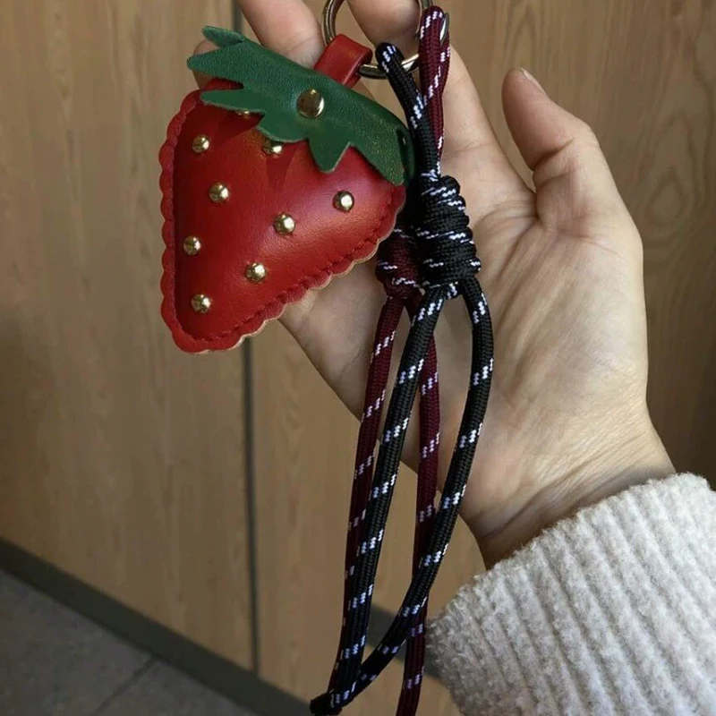 Cute Leather Strawberry Bag Pendant Charms Nylon Rope Keychain Aesthetics Backpack Accessories For Women Gift