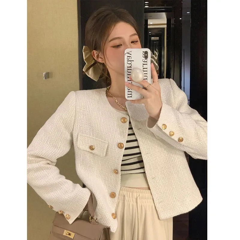 Deeptown Cropped Tweed Jacket Women Vintage Aesthetic Korean Fashion Harajuku Chic Elegant Jackets Autumn Winter Cardigan Coat