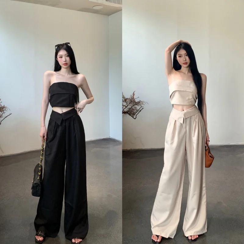 

Two piece set of lace up chest wrap vest and high waist wide leg casual pants(Order separately)