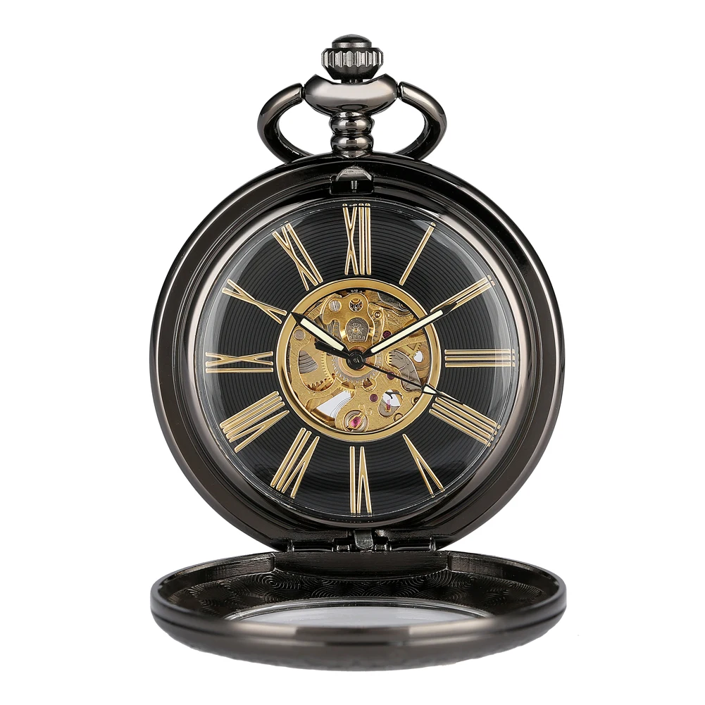 Vintage Black Pattern Glass Case & Golden Roman Number Skeleton Mechanical Pendant Fob Pocket Watch With Chain Christmas Gift