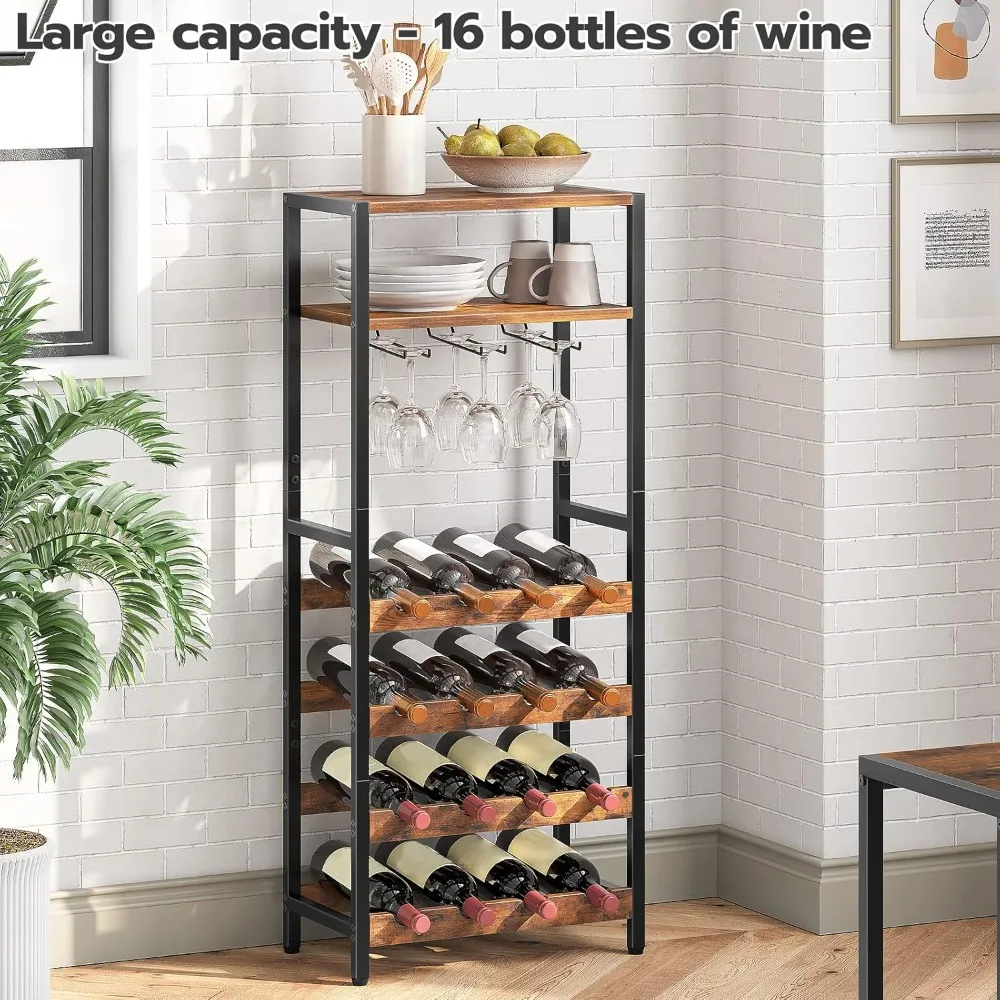 Freestanding Wine Rack, 16-Bottle Wine Storage Rack with Tabletop and Glass Holder, 6-Tier Bar Rack, Rack