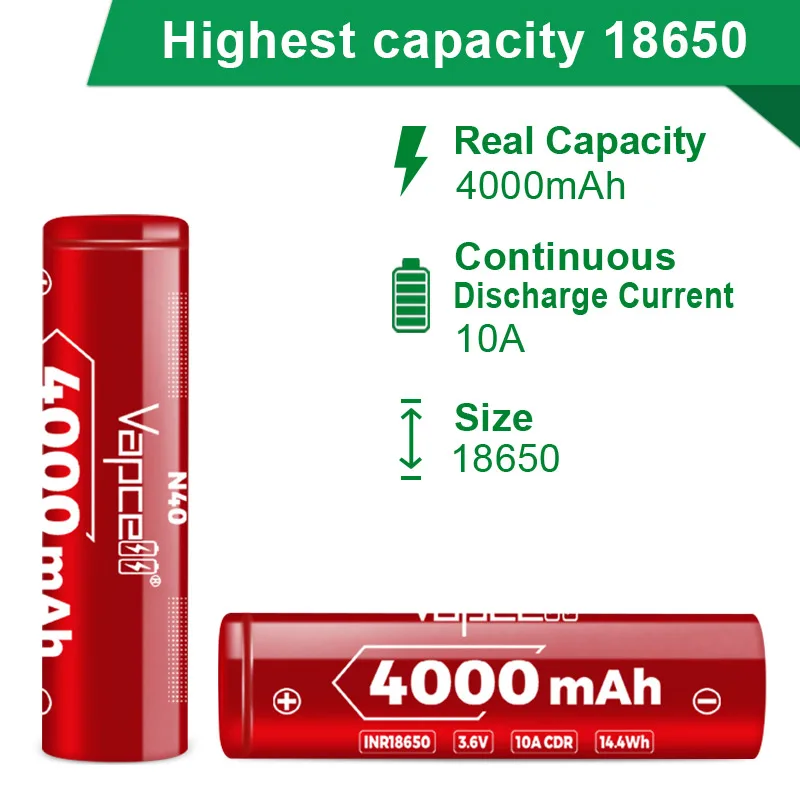 Original Vapcell N40 Inr 18650 Bateria Maior Capacidade 4000mah Cdr 10a 3.6v Baterias Recarregáveis para Uav Vapemod Lanterna - Image 4