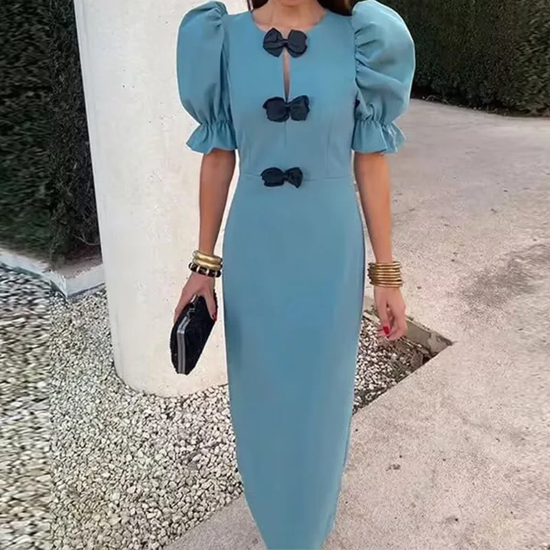 

Sweety Fashion Front Bowknot Hollow Long Dress Women Spring Round Neck Slim Party Dress Summer Puff Short Sleeve Boho Maxi Dress