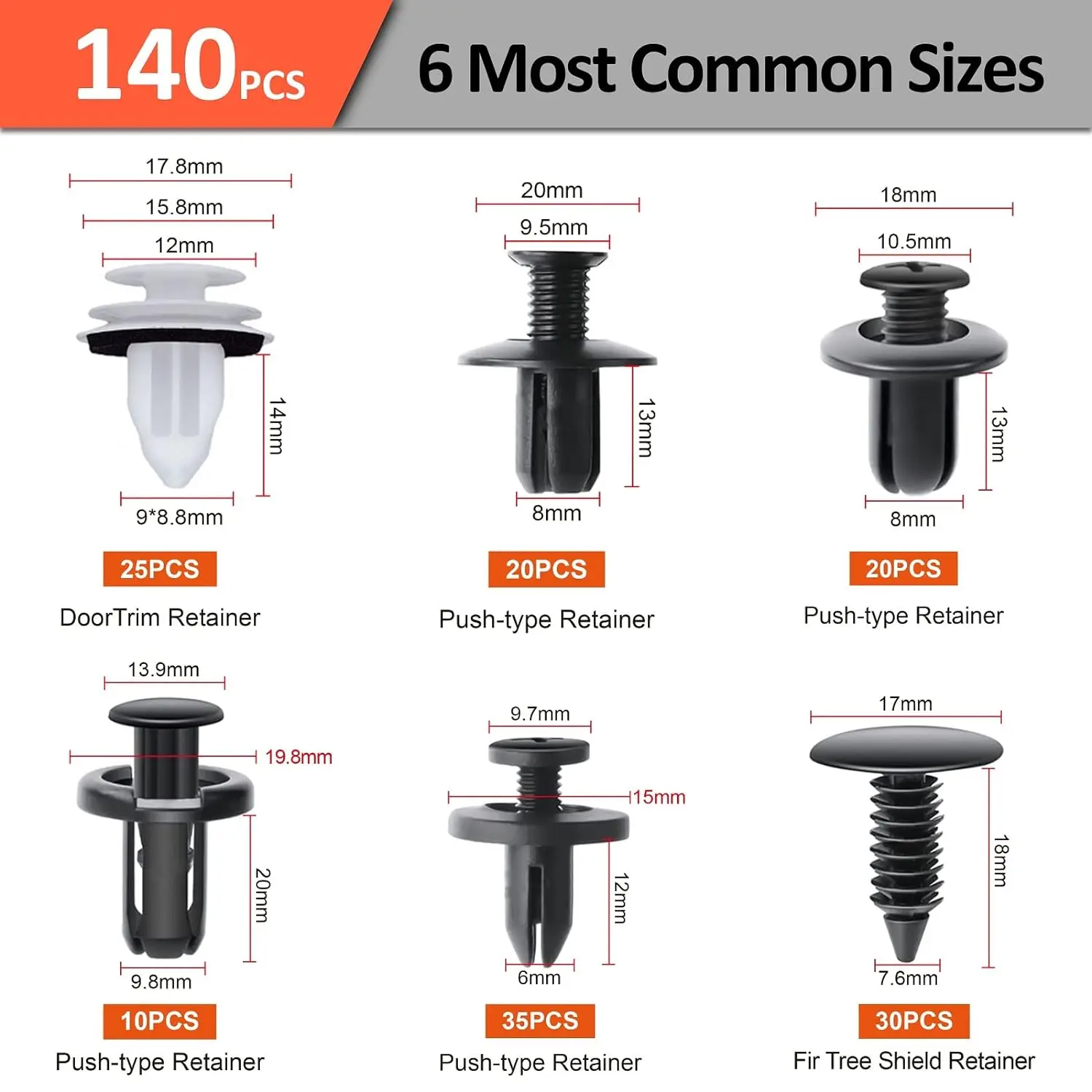 140-Piece Universal Auto Push Clip Set 6 Styles Plastic Fasteners for Car Bumper Trim Wheel Arch with Organized Storage Box