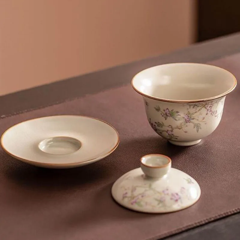 Ruyao Floral Pattern Ice Crack Sancai Gaiwan Porcelain Kungfu Tea Cup Household Tea Infuser Bowl Kitchen Teaware