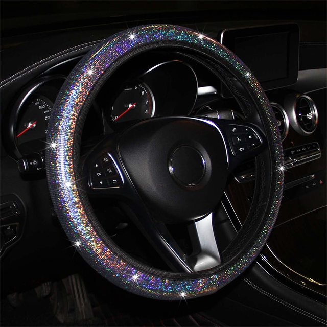 Rhinestones Steering Wheel Cover With Crystal Diamond Sparkling Car Suv Steering Wheel Protector Fit 14.5-15 Inch Vehicle