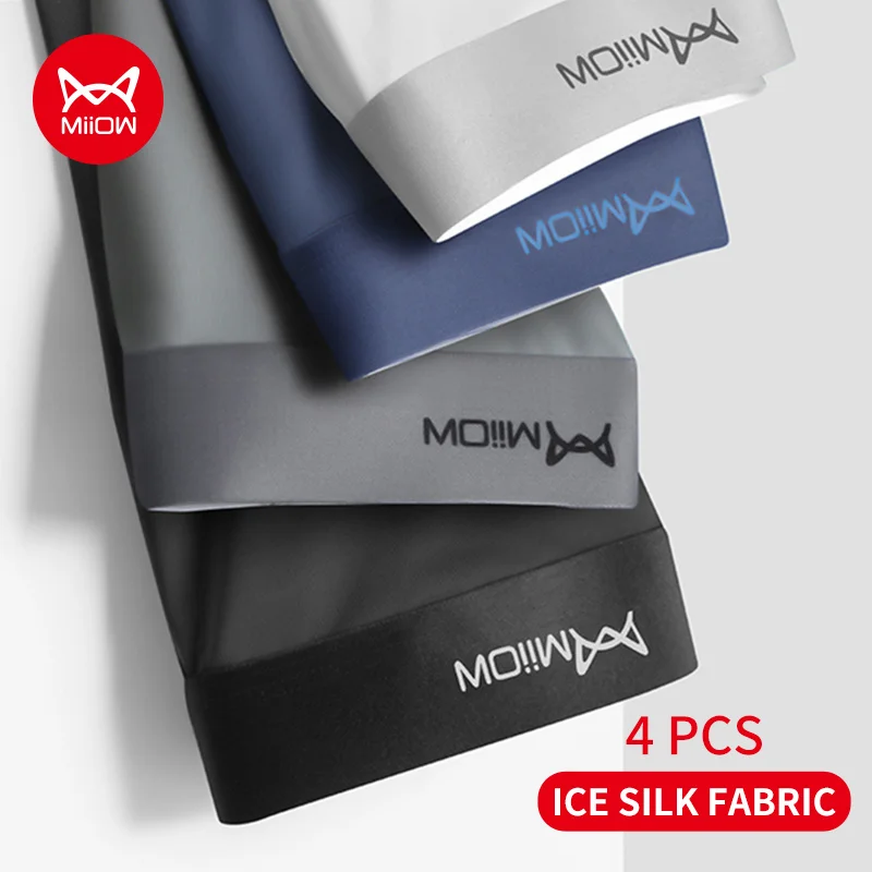 MiiOW 4Pcs Ice Silk Men Boxer Shorts Graphene Antibacterial Men Underwear Man Underpants Seamless Breathable Mens Panties L-5XL